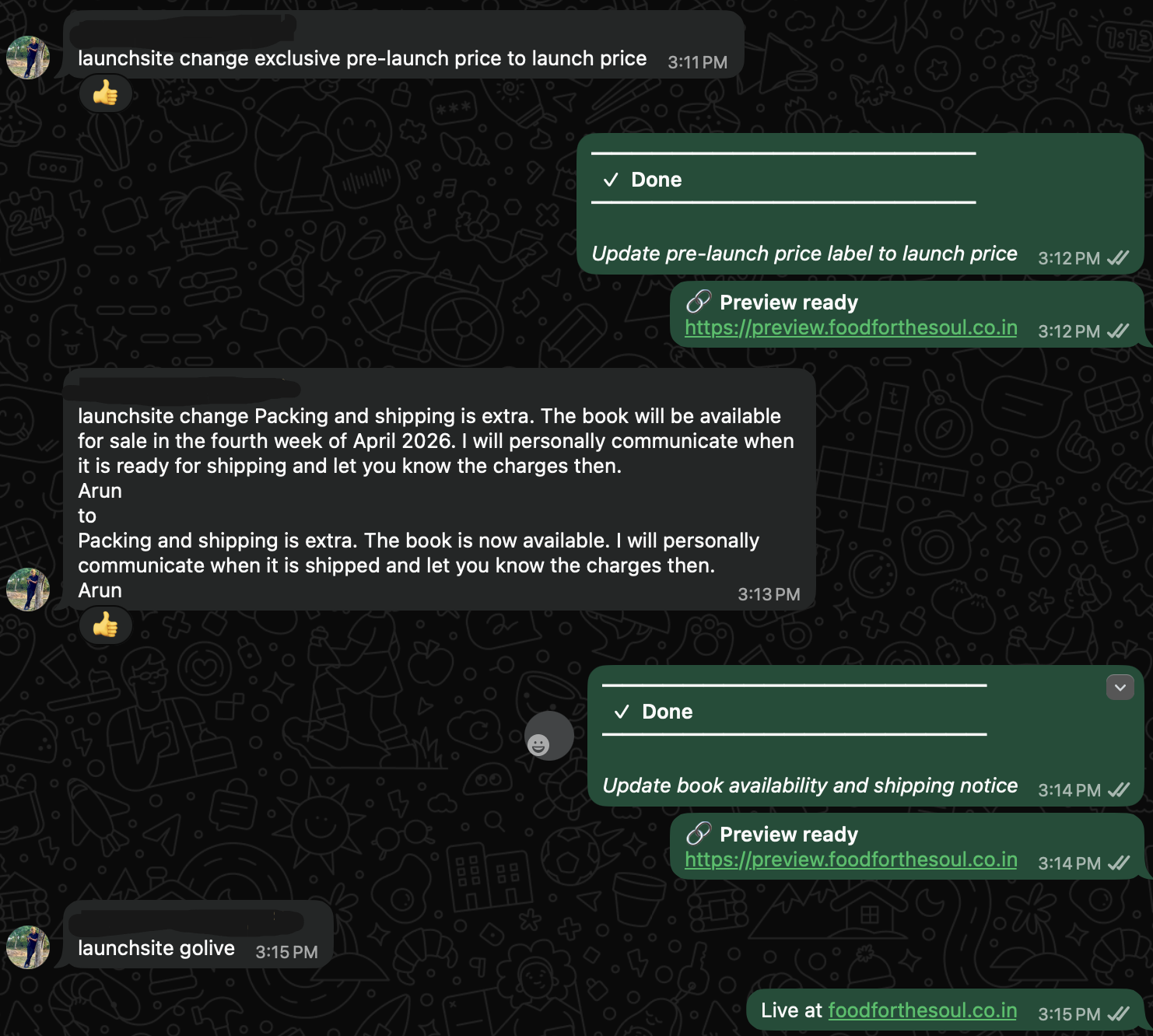 WhatsApp conversation with Arun updating foodforthesoul.co.in — changing the pre-launch price, updating shipping copy, and publishing live.
